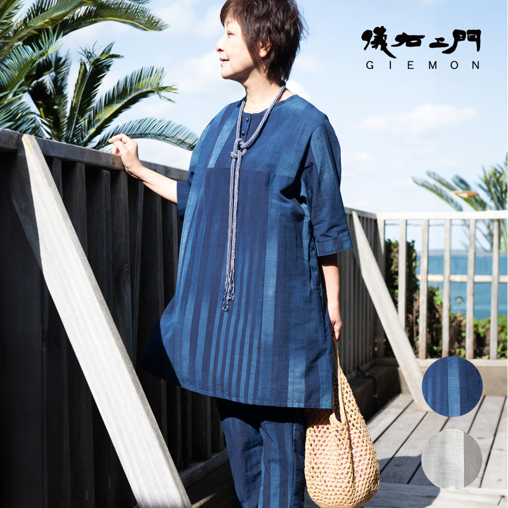 儀右ヱ門 ギエモン ぎえもん 久留米絣 プルオーバーチュニック丈ブラウス タ537 日本製【2025ss】