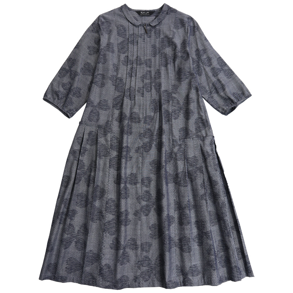 Giemon Giemon Kurume Kasuri Random Tuck Dress 3/4 Sleeve Shi219 Made in Japan