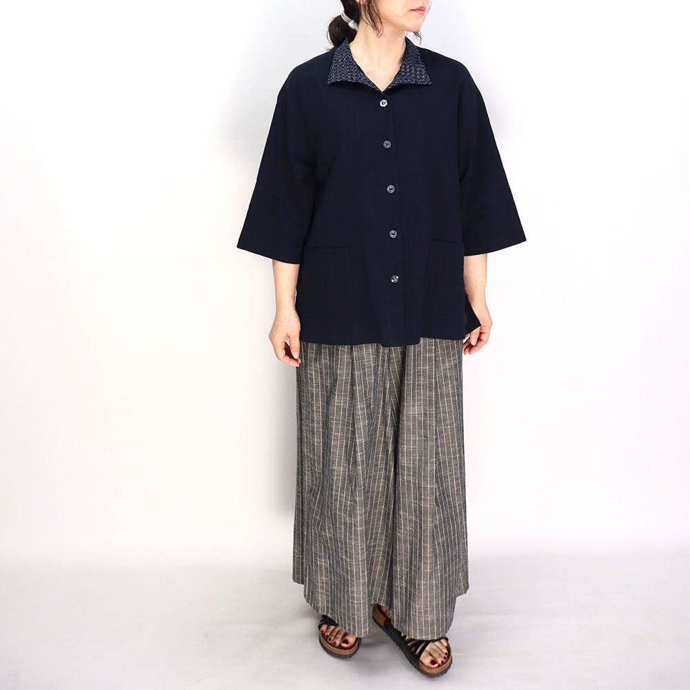 Giemon Giemon 3/4 Sleeve Cool Blouse R5100 with Kurume Kasuri Collar Made in Japan Mother's Day