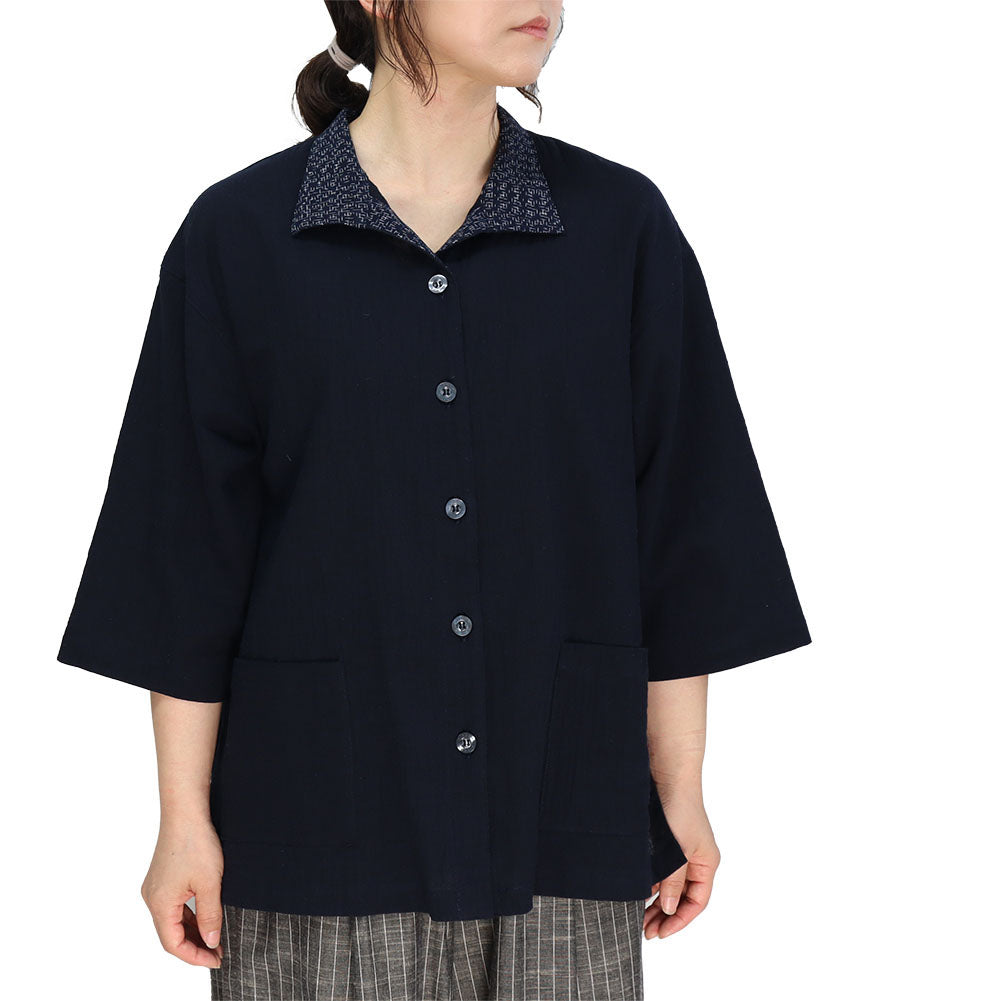 Giemon Giemon 3/4 Sleeve Cool Blouse R5100 with Kurume Kasuri Collar Made in Japan Mother's Day