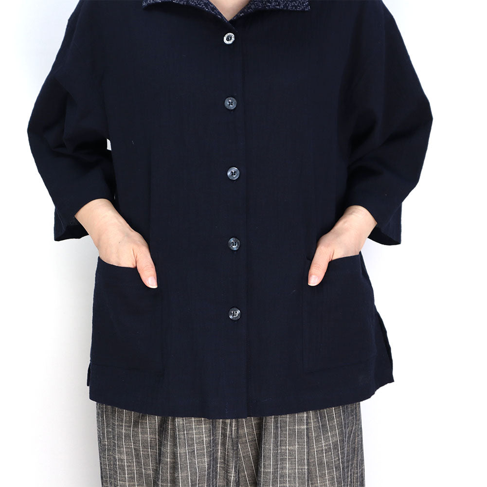 Giemon Giemon 3/4 Sleeve Cool Blouse R5100 with Kurume Kasuri Collar Made in Japan Mother's Day