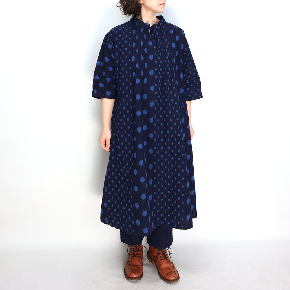 Giemon Giemon Kurume Kasuri Lined 3/4 Sleeve Dress Shi259 Made in Japan