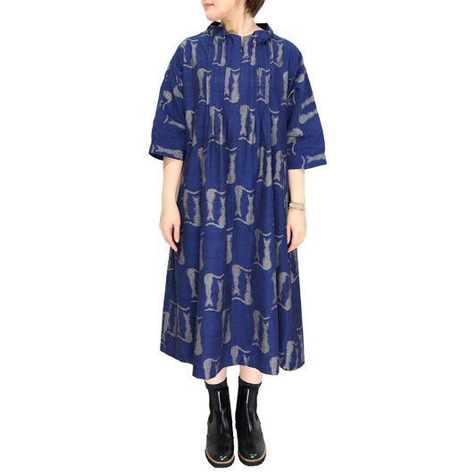 Giemon Giemon Kurume Kasuri Lined 3/4 Sleeve Dress Shi259 Made in Japan