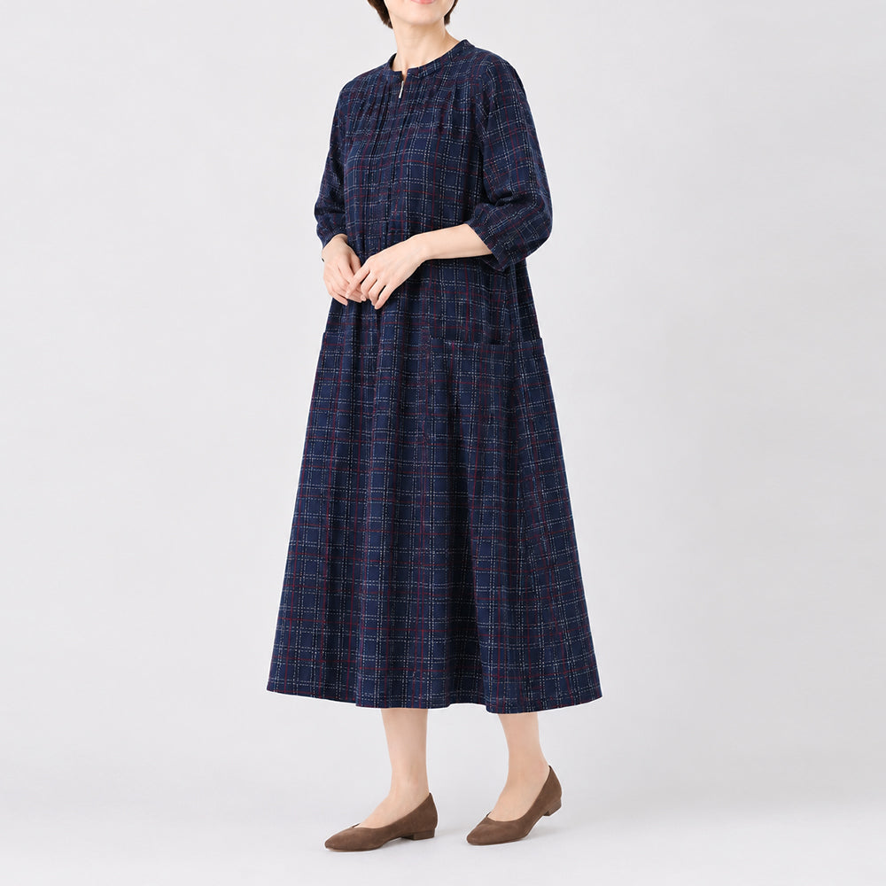 Giemon Giemon Kurume Kasuri Random Tuck Dress 3/4 Sleeve Shi219 Made in Japan