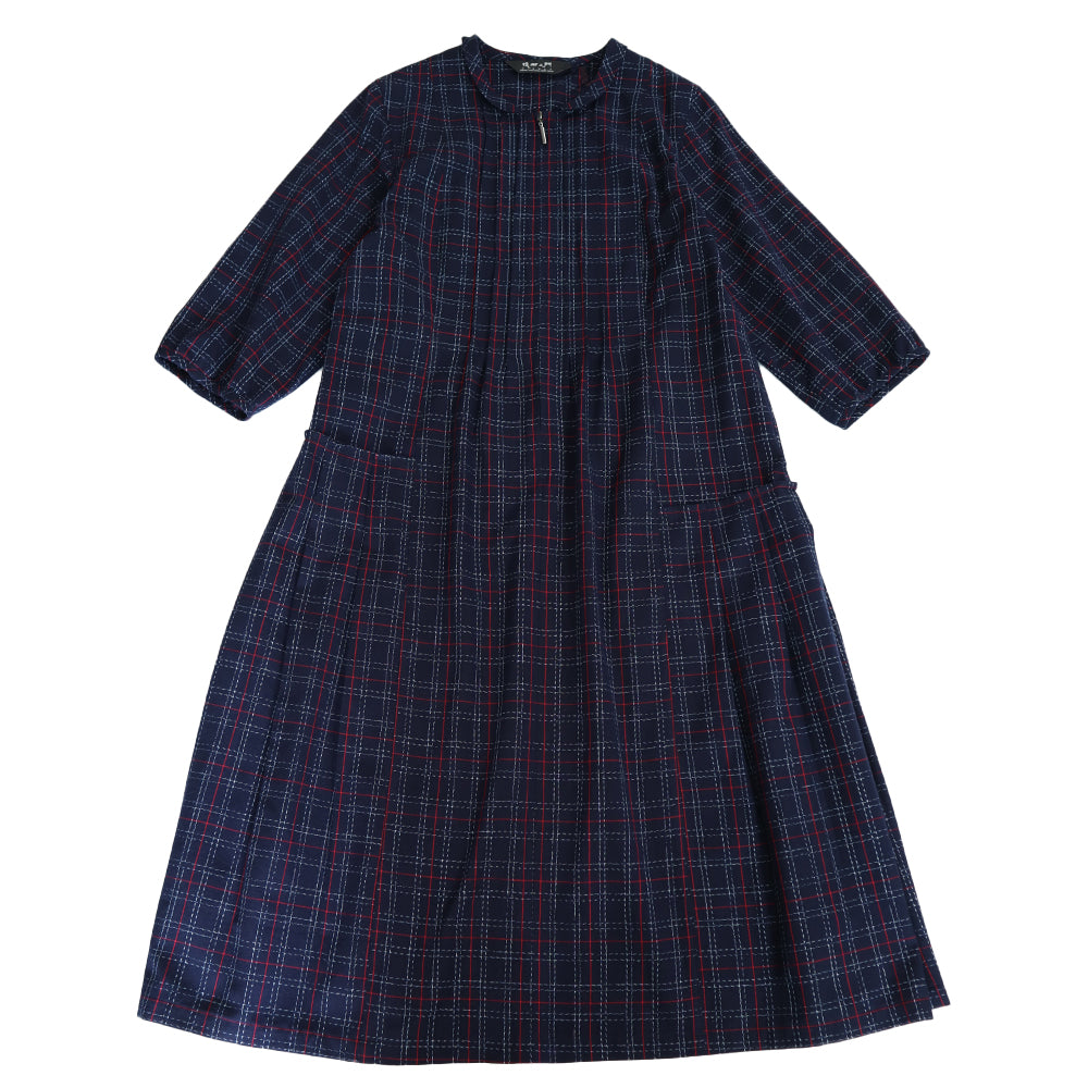 Giemon Giemon Kurume Kasuri Random Tuck Dress 3/4 Sleeve Shi219 Made in Japan
