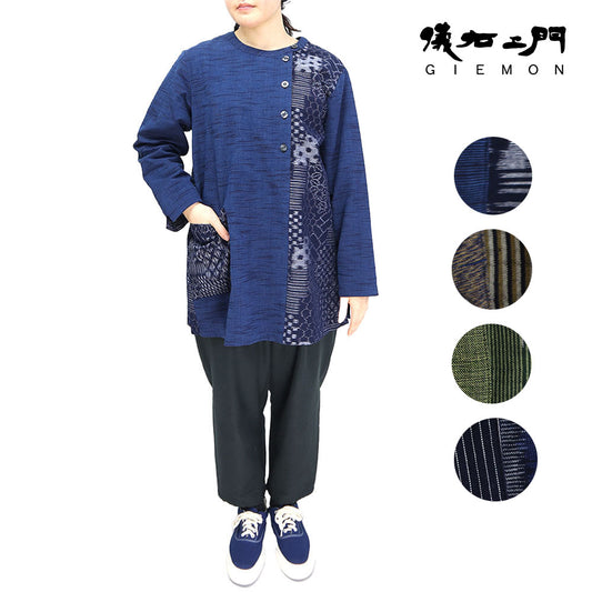 Giemon Giemon Kurume Kasuri Switching Blouse Tunic SO598 日本製造